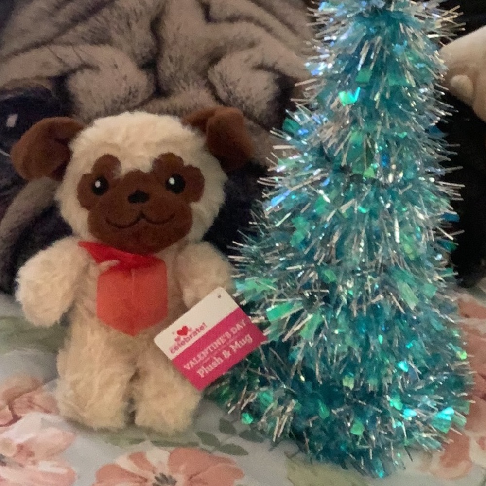 Stuffed baby dog with red bow NWT nice for stocking stuffer or grab bag …